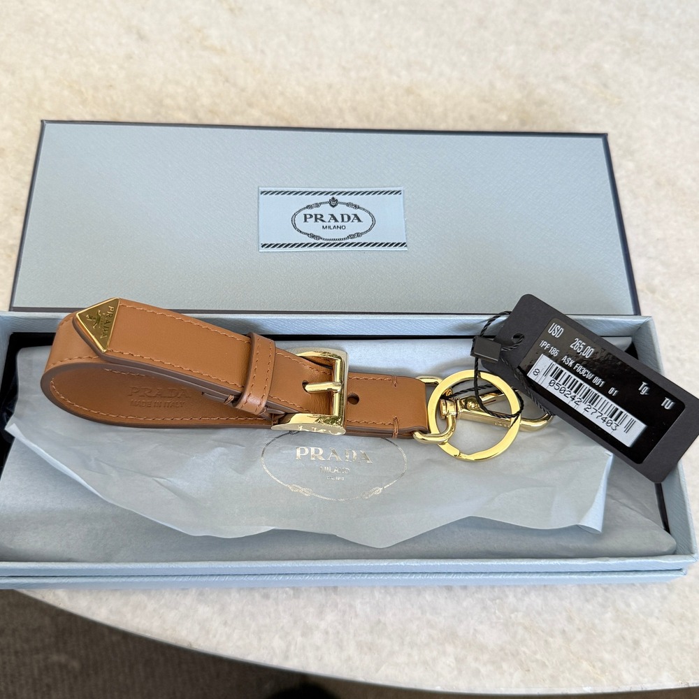 Prada Soft Leather Keychain Wristlet Brown & Gold 1PP186 Made in Italy - Picture 2 of 11